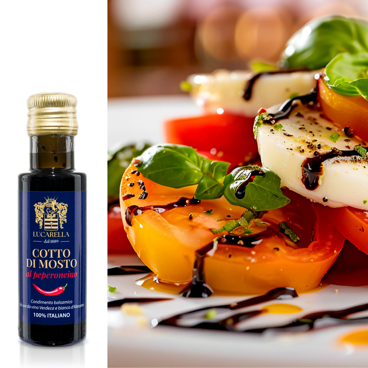 Cotto di Mosto 100 ml al peperoncino abbinato con insalata di pomodori e mozzarella