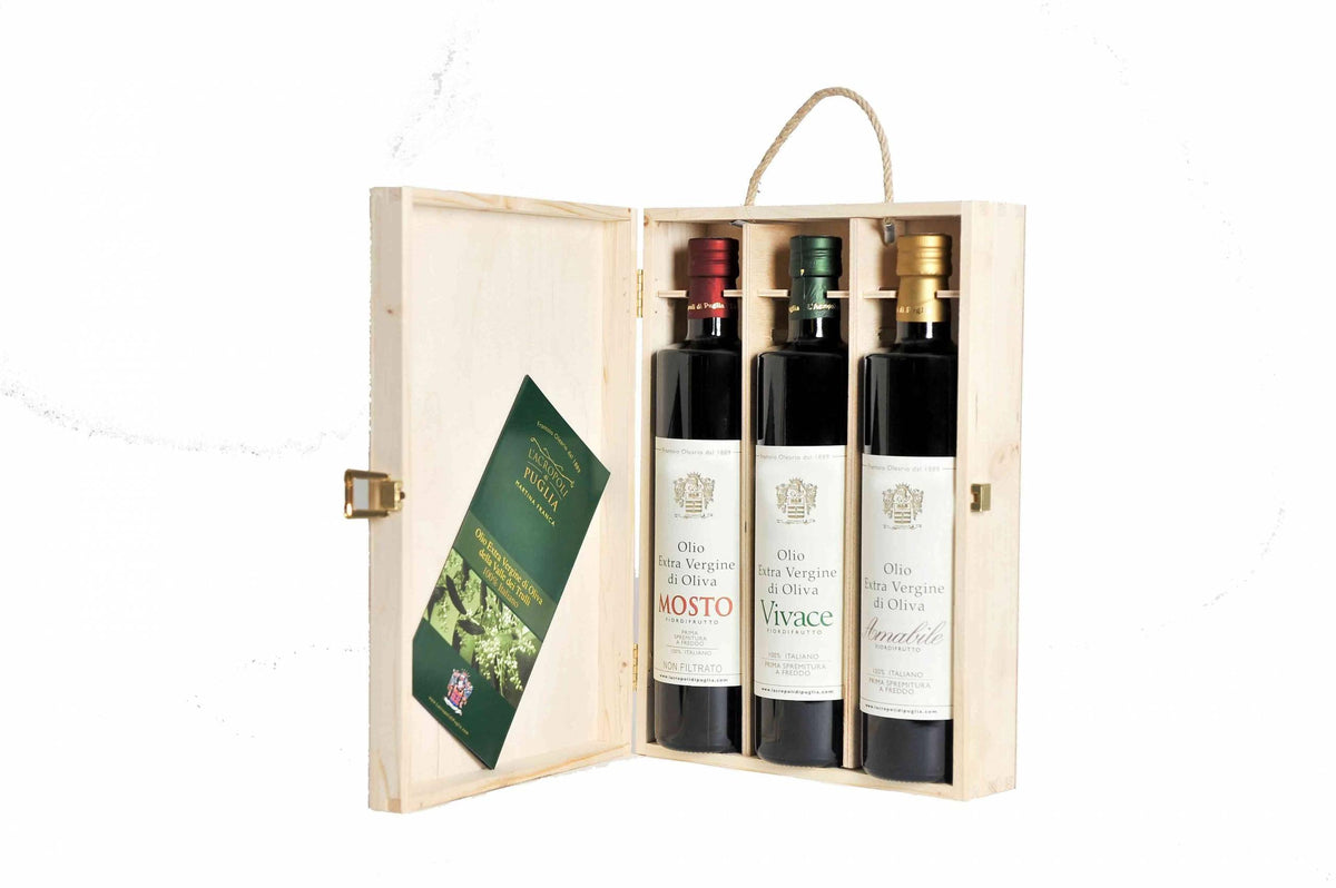 Valigetta in legno 3 bott. 750 ml Mosto, Vivace, Amabile. - L'Acropoli di Puglia